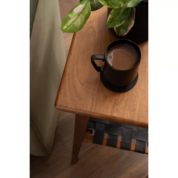 imageKate and Laurel Woebeck Modern Rectangle Wood Side Table 18 x 14 x 25 Walnut Brown and Black Transitional TwoTier End Table with Vegan Leather Shelf for Bedroom Nightstand or Living Room Accent