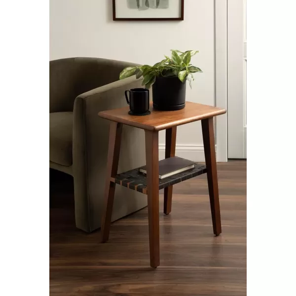 imageKate and Laurel Woebeck Modern Rectangle Wood Side Table 18 x 14 x 25 Walnut Brown and Black Transitional TwoTier End Table with Vegan Leather Shelf for Bedroom Nightstand or Living Room Accent