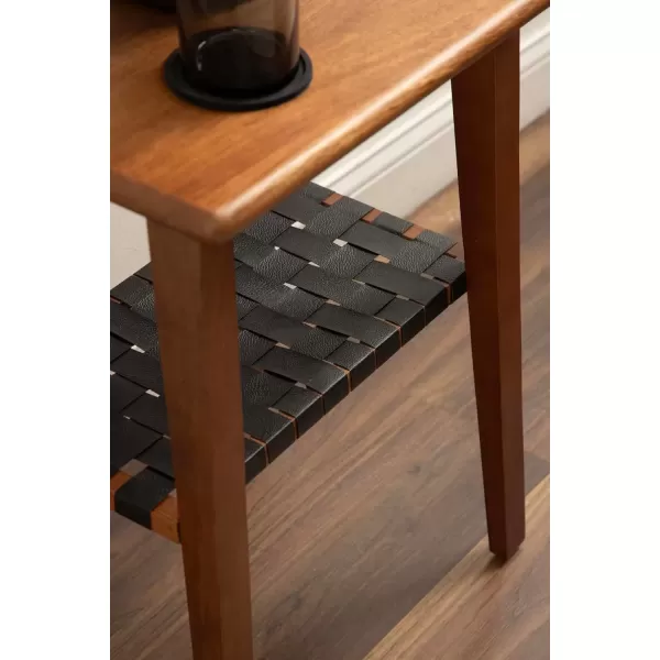 imageKate and Laurel Woebeck Modern Rectangle Wood Side Table 18 x 14 x 25 Walnut Brown and Black Transitional TwoTier End Table with Vegan Leather Shelf for Bedroom Nightstand or Living Room Accent