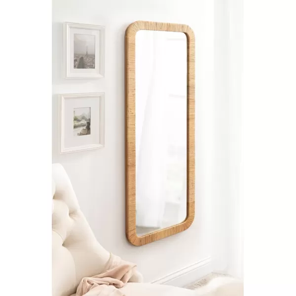 imageKate and Laurel Rahfy Boho Rectangle Rattan Wall Mirror 18 x 48 Natural Wood Decorative Rounded Rectangular FullLength Mirror with Authentic Rattan Frame for Bedroom Floor Mirror