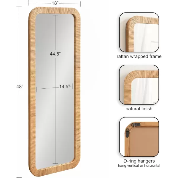 imageKate and Laurel Rahfy Boho Rectangle Rattan Wall Mirror 18 x 48 Natural Wood Decorative Rounded Rectangular FullLength Mirror with Authentic Rattan Frame for Bedroom Floor Mirror