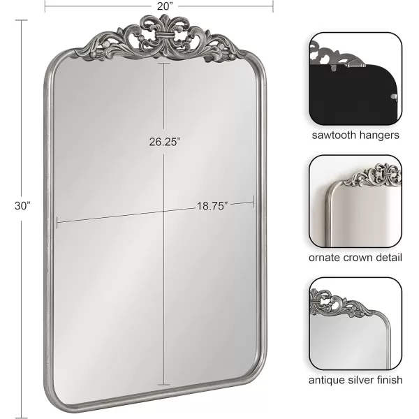 imageKate and Laurel Laubry Vintage Ornate Round Rectangle Mirror with Slim Frame Resin Crown and Soft Curvature 20x30 SilverSilver