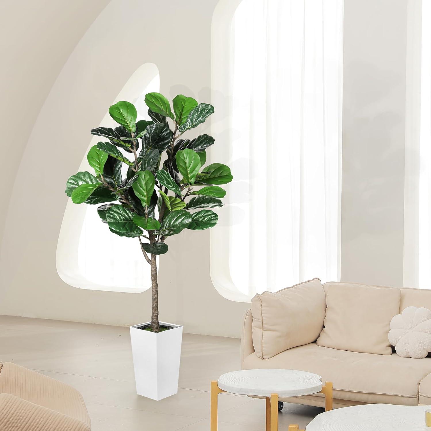 imageFiddle Leaf Fig Tree Artificial 5FT  Faux Fiddle Leaf Fig Tree with White Tall Planter  Fake Fig Tree with Fig Leaves  Artificial Tree for Indoor Outdoor House Home Office DecorWhite