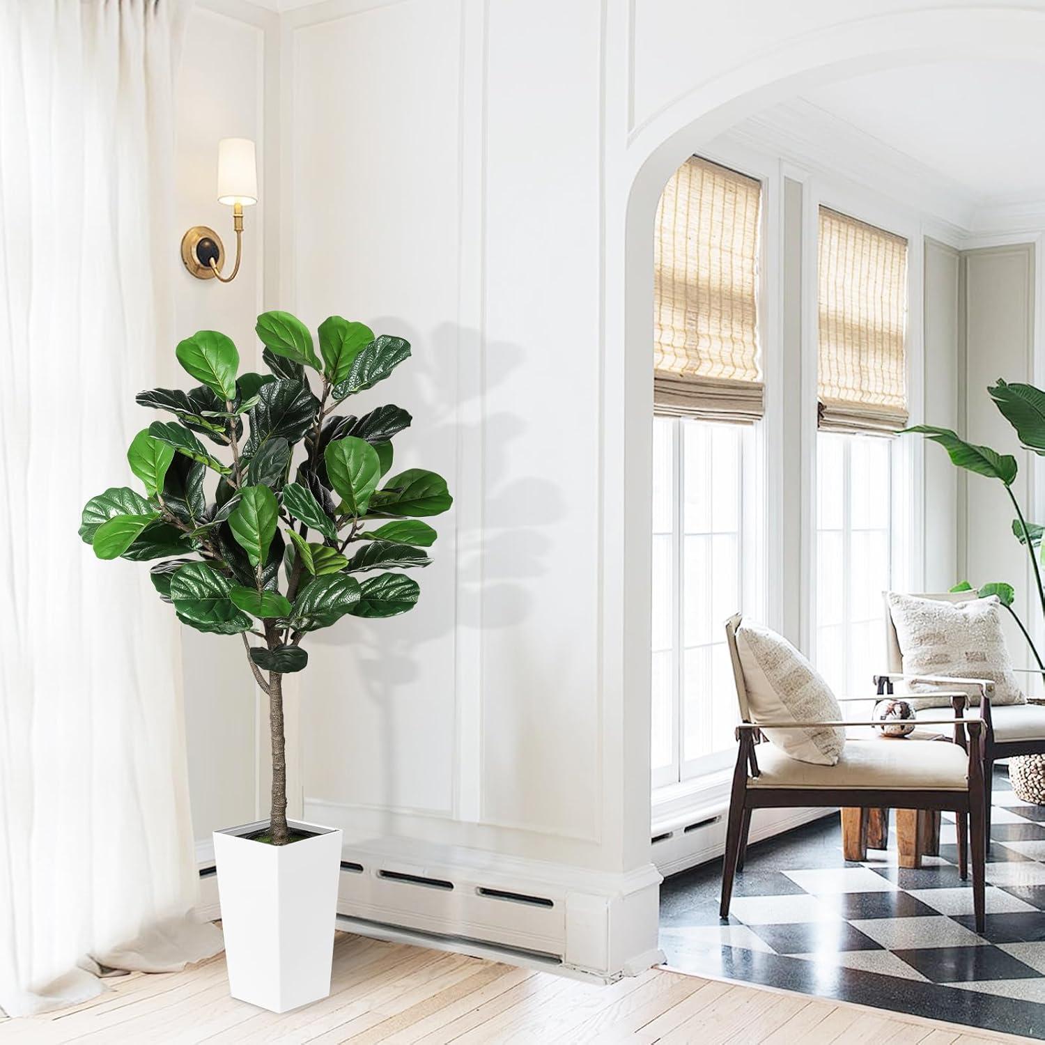 imageFiddle Leaf Fig Tree Artificial 5FT  Faux Fiddle Leaf Fig Tree with White Tall Planter  Fake Fig Tree with Fig Leaves  Artificial Tree for Indoor Outdoor House Home Office DecorWhite