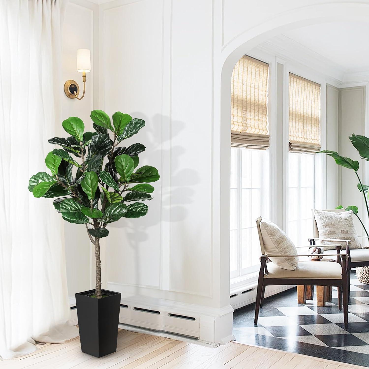 imageFiddle Leaf Fig Tree Artificial 5FT  Faux Fiddle Leaf Fig Tree with White Tall Planter  Fake Fig Tree with Fig Leaves  Artificial Tree for Indoor Outdoor House Home Office DecorBlack