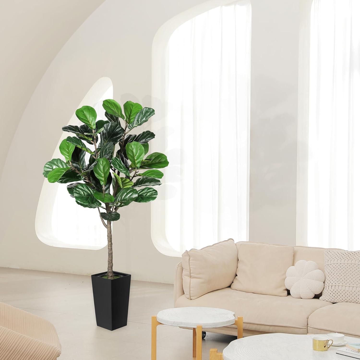 imageFiddle Leaf Fig Tree Artificial 5FT  Faux Fiddle Leaf Fig Tree with White Tall Planter  Fake Fig Tree with Fig Leaves  Artificial Tree for Indoor Outdoor House Home Office DecorBlack