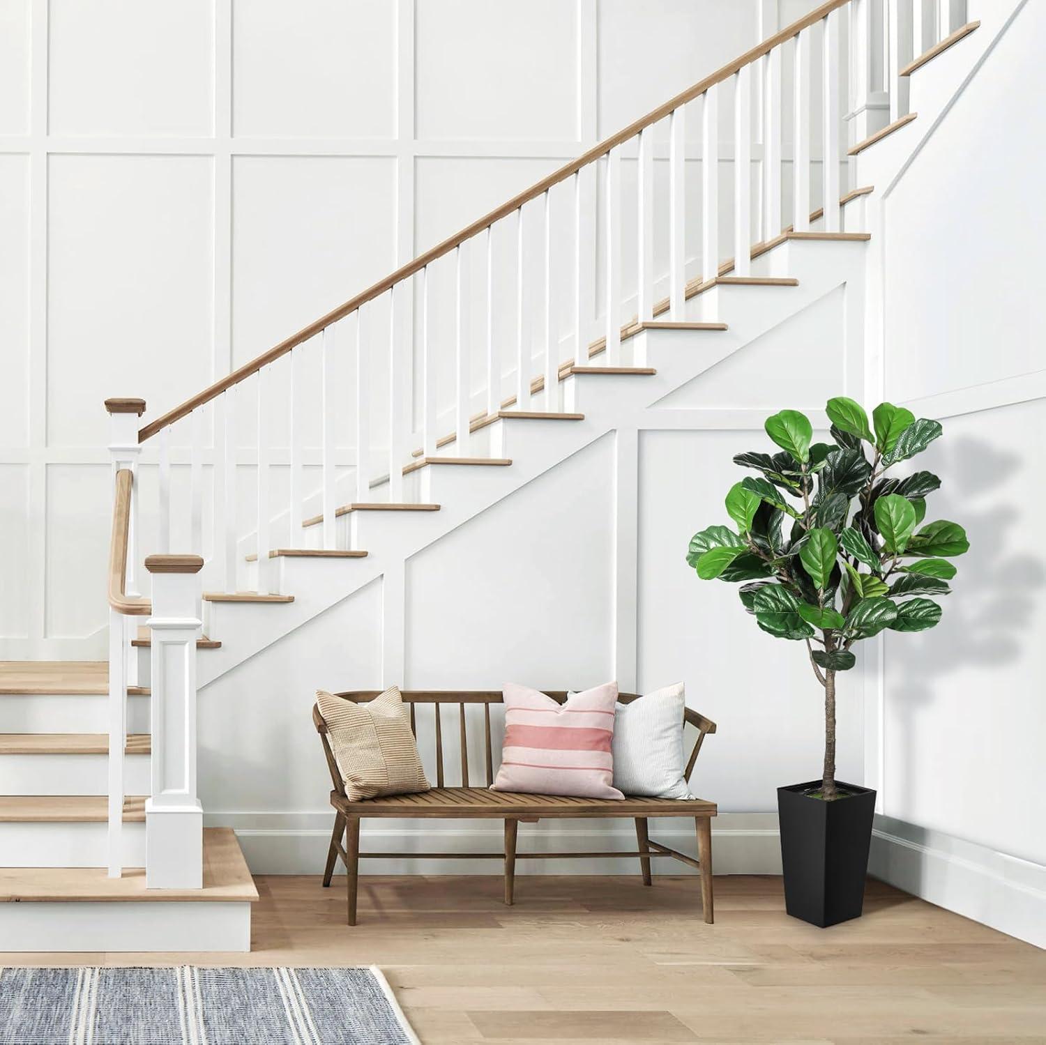 imageFiddle Leaf Fig Tree Artificial 5FT  Faux Fiddle Leaf Fig Tree with White Tall Planter  Fake Fig Tree with Fig Leaves  Artificial Tree for Indoor Outdoor House Home Office DecorBlack