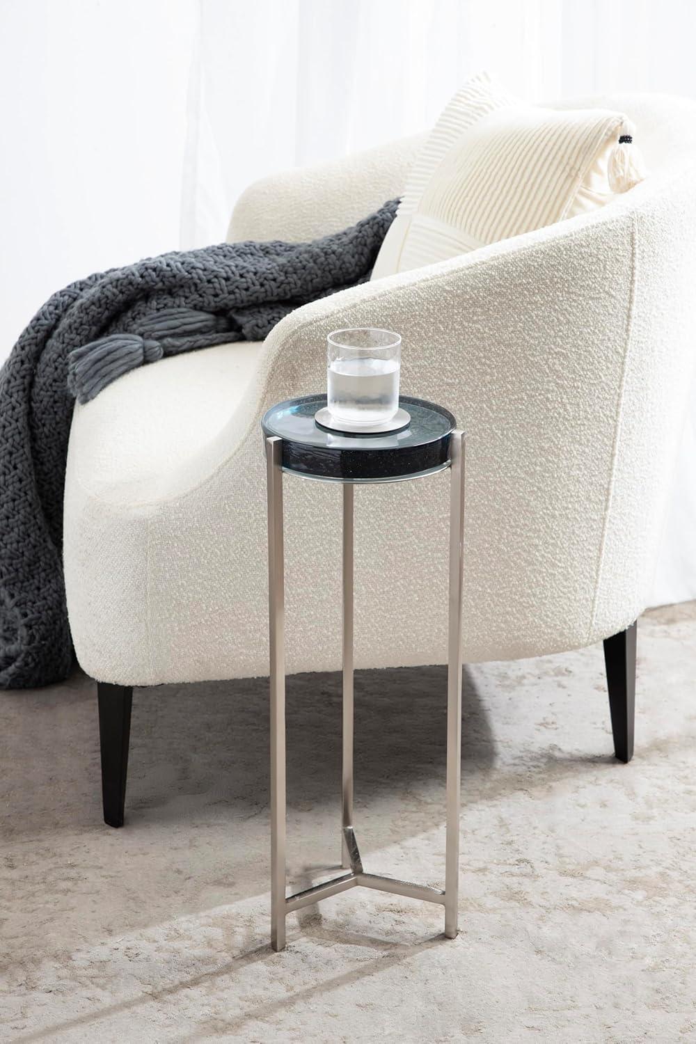 imageKate and Laurel Aguilar Modern Round Drink Table 9 x 9 x 23 Emperador Brown Marble and Black Genuine Marble Accent Table for Use as Indoor Plant Stand or Pedestal Martini TableSilverBlue