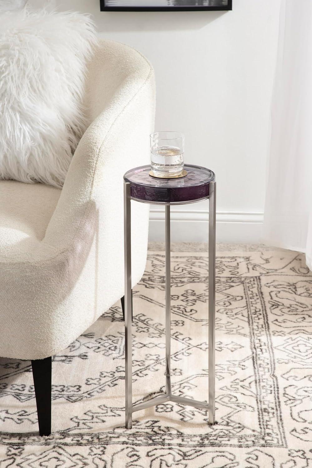 imageKate and Laurel Aguilar Modern Round Drink Table 9 x 9 x 23 Emperador Brown Marble and Black Genuine Marble Accent Table for Use as Indoor Plant Stand or Pedestal Martini TableSilverPurple