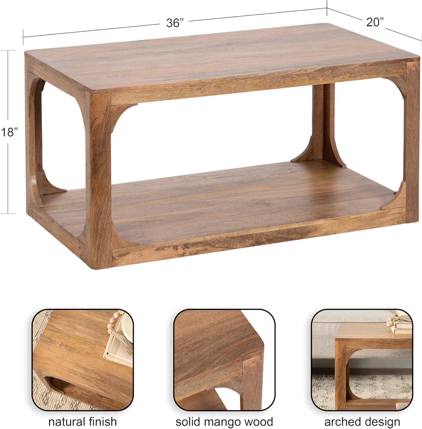 imageKate and Laurel Dahl Transitional Rectangular Coffee Table 36 x 20 x 18 Natural Wood Modern Rectangle Living Room Table with Solid Mango Wood Construction and Bonus Underlying StorageNatural