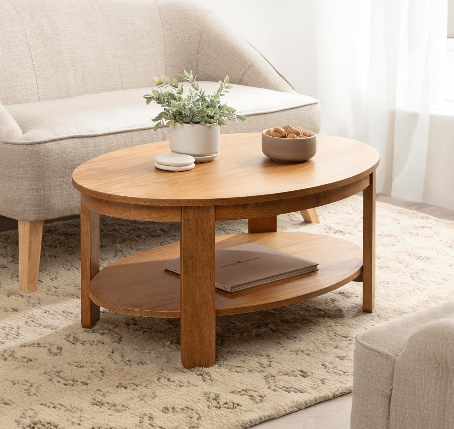 imageKate and Laurel Foxford Modern Tiered Oval Coffee Table 38 x 24 x 18 Natural Brown Transitional TwoTier Living Room Table with Storage and Resilient Wood ConstructionNatural