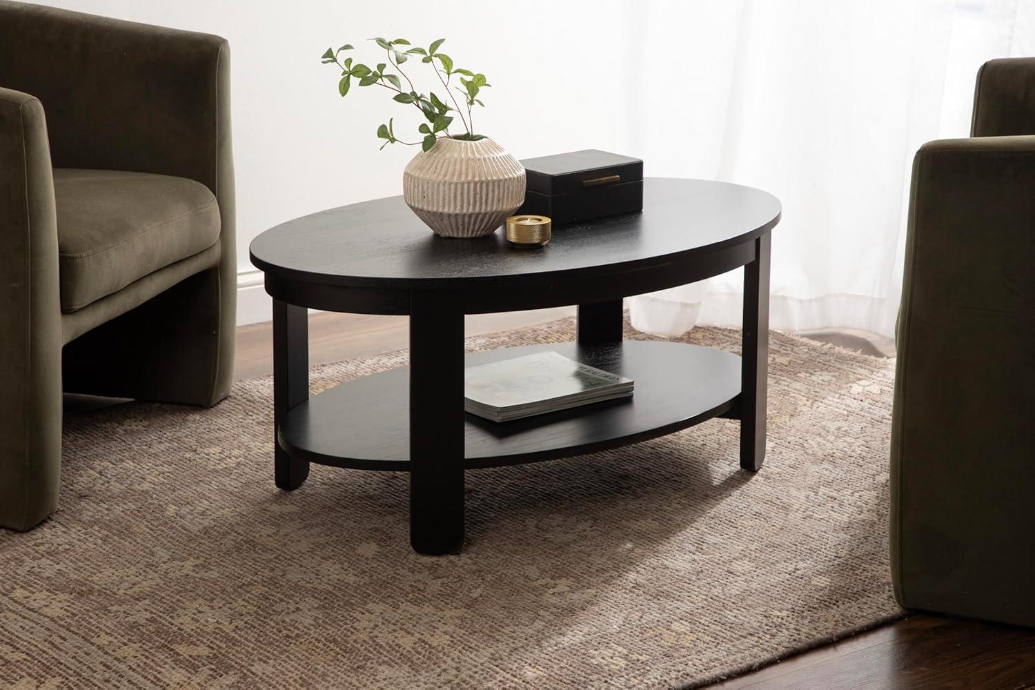 imageKate and Laurel Foxford Modern Tiered Oval Coffee Table 38 x 24 x 18 Natural Brown Transitional TwoTier Living Room Table with Storage and Resilient Wood ConstructionBlack
