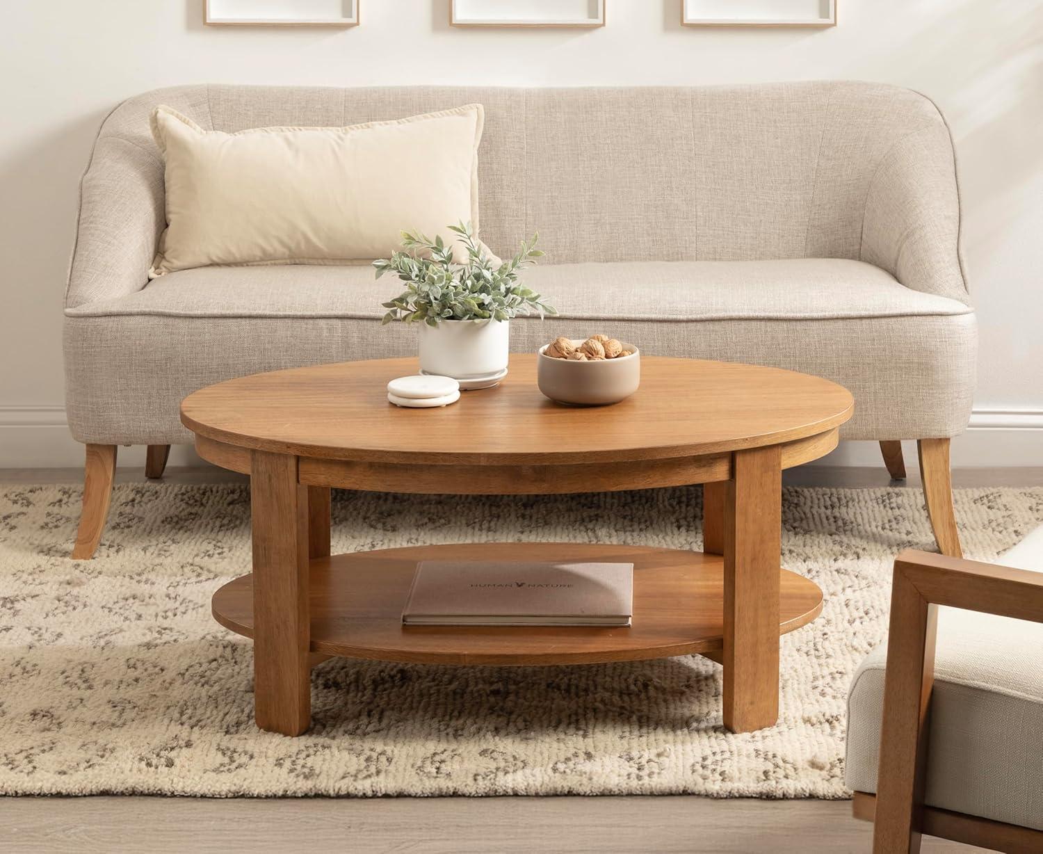 imageKate and Laurel Foxford Modern Tiered Oval Coffee Table 38 x 24 x 18 Natural Brown Transitional TwoTier Living Room Table with Storage and Resilient Wood ConstructionNatural