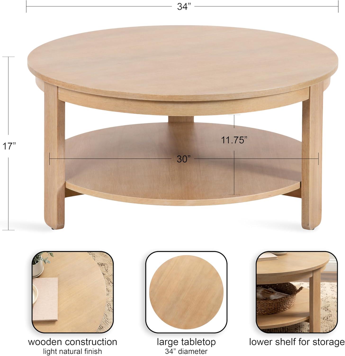 imageKate and Laurel Foxford Tiered Round Coffee Table 34 x 34 x 17 Light Natural Transitional TwoTier Circle Living Room Table with Storage and Resilient Wood Construction
