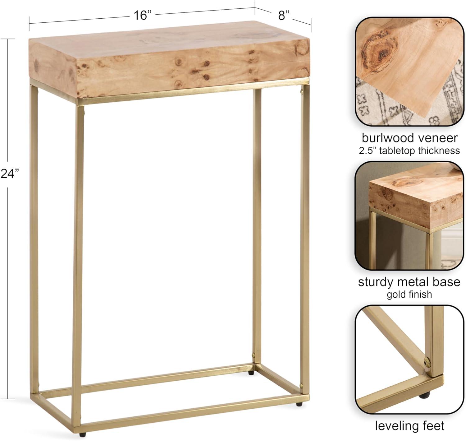 imageKate and Laurel Karlsen Modern Wood and Metal Burlwood Narrow Side Table 16 x 24 x 8 Burlwood and Gold Slim End Table for Use as Skinny Bedroom Nightstand or Entryway Table OptionNaturalGold