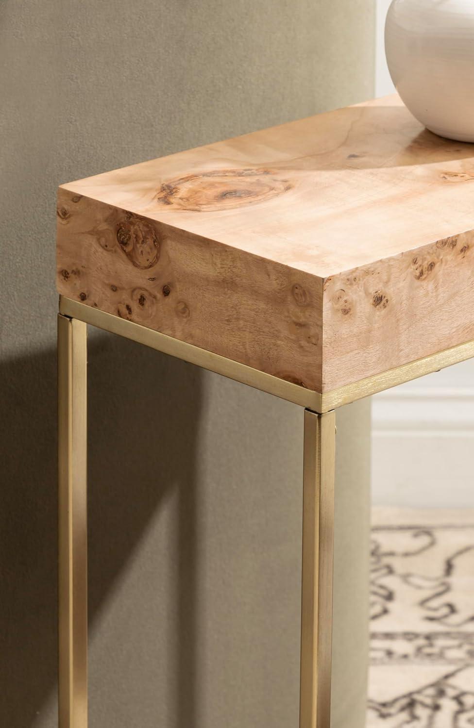 imageKate and Laurel Karlsen Modern Wood and Metal Burlwood Narrow Side Table 16 x 24 x 8 Burlwood and Gold Slim End Table for Use as Skinny Bedroom Nightstand or Entryway Table OptionNaturalGold