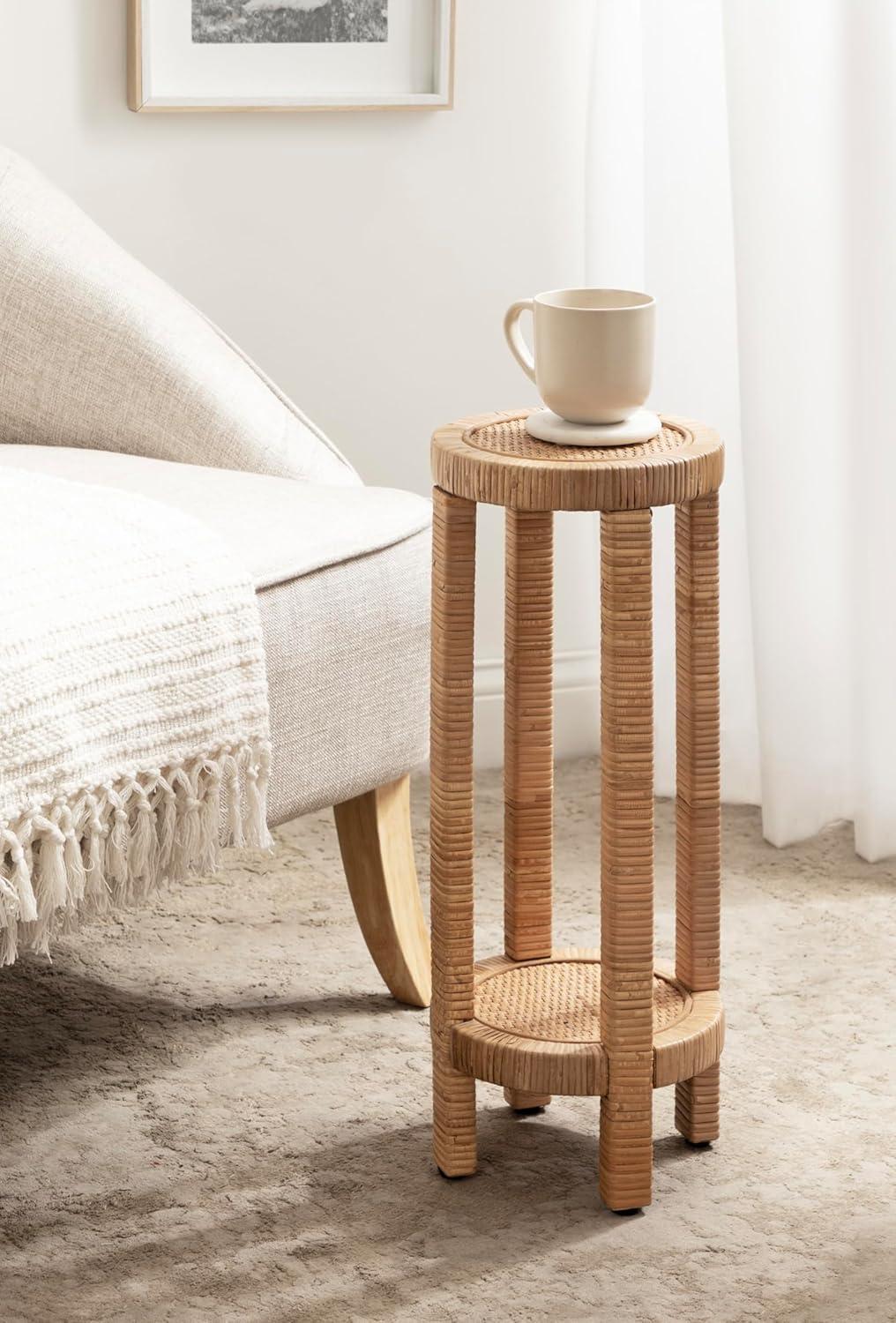 imageKate and Laurel Rafina Round Rattan Drink Table 9 x 9 x 22 Natural Brown Transitional Boho Circle Wooden Accent Pedestal Table for Indoor Plant Stand or Living Room Accent Table