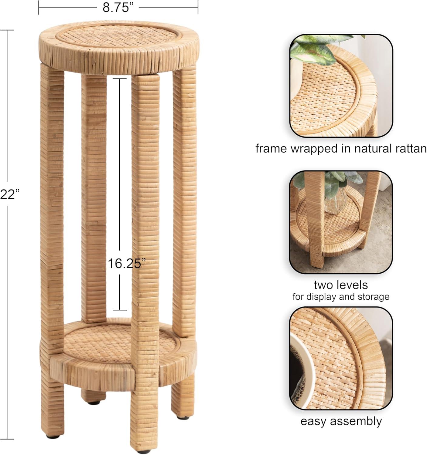 imageKate and Laurel Rafina Round Rattan Drink Table 9 x 9 x 22 Natural Brown Transitional Boho Circle Wooden Accent Pedestal Table for Indoor Plant Stand or Living Room Accent Table