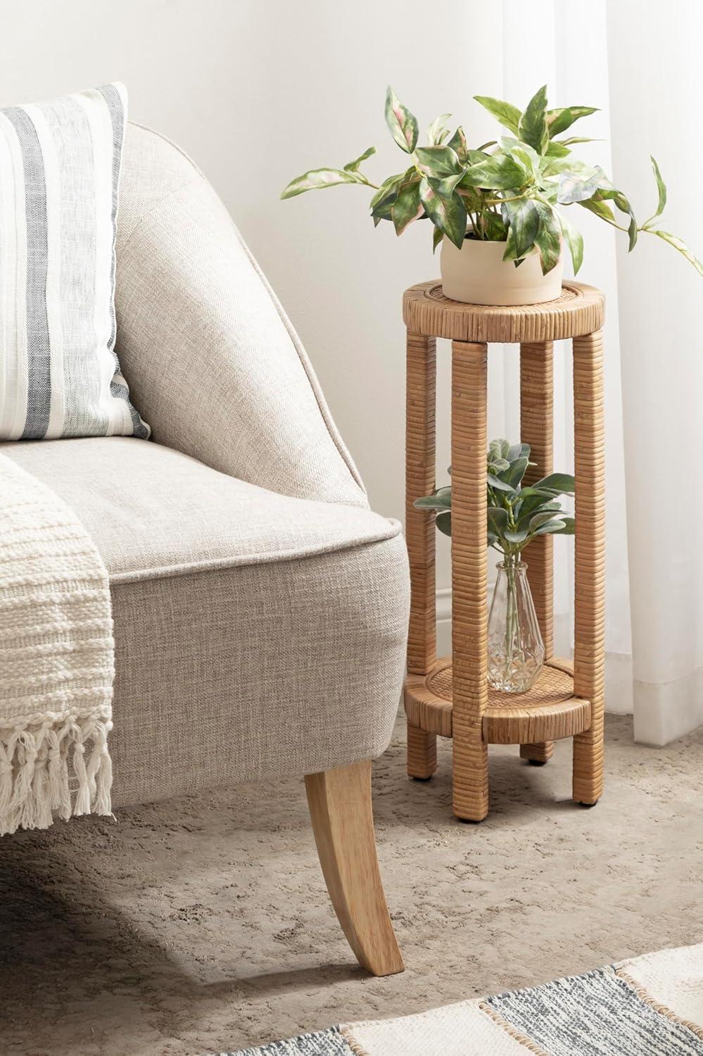 imageKate and Laurel Rafina Round Rattan Drink Table 9 x 9 x 22 Natural Brown Transitional Boho Circle Wooden Accent Pedestal Table for Indoor Plant Stand or Living Room Accent Table