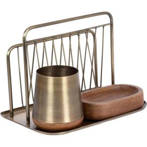 imageKate and Laurel Koni Modern ThreePiece Home Office Organization Set 13 x 8 x 9 Walnut Brown and Antique Brass Wood and Metal Organizational Set for Office with File Folder Holder
