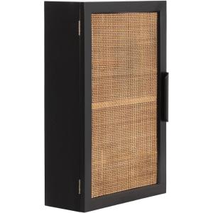 imageKate and Laurel Ori Transitional Cane Wall Cabinet with Door 15 x 7 x 24 Painted Black Wood and Natural Rattan Decorative Rattan Over The Toilet Cabinet with Three Shelves for Decor and DisplayBlack