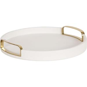 imageKate and Laurel Valeska Decorative Vegan Leather Round Tray with Metal Handles 14 x 14 Ivory and Gold Modern Circle Ottoman Tray for Use as Bathroom Vanity Decor or Display OptionIvoryGold