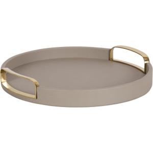 imageKate and Laurel Valeska Decorative Vegan Leather Round Tray with Metal Handles 14 x 14 Ivory and Gold Modern Circle Ottoman Tray for Use as Bathroom Vanity Decor or Display OptionGray