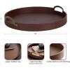 imageKate and Laurel Oxbury Decorative Vegan Leather Round Tray with Handles 18 Inch Diameter Brown and Antique Brass Modern Circle Ottoman Tray for Use as Tabletop Decor Accent or Display OptionBrownGold