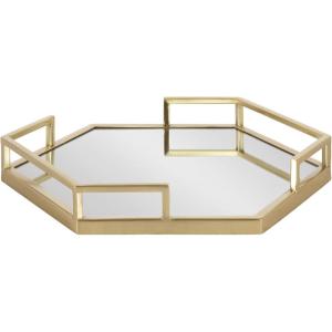 imageKate and Laurel Gohana Mirrored Hexagon Tray with Gold Metal Handles 16 x 18 Mirrored Glass and Gold Modern Glam Serving Tray with Handles for Living Room Decor