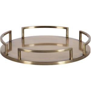 imageKate and Laurel Gohana Round Tray with Metal Handles 16 Inch Diameter Antique Brass Modern Glam Serving Tray with Handles for Use as Ottoman Topper or Living Room Decor
