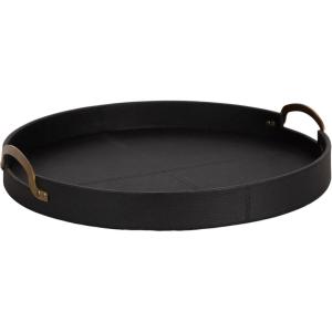 imageKate and Laurel Oxbury Decorative Vegan Leather Round Tray with Handles 18 Inch Diameter Brown and Antique Brass Modern Circle Ottoman Tray for Use as Tabletop Decor Accent or Display OptionBlackGold