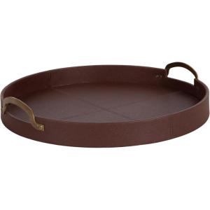 imageKate and Laurel Oxbury Decorative Vegan Leather Round Tray with Handles 18 Inch Diameter Brown and Antique Brass Modern Circle Ottoman Tray for Use as Tabletop Decor Accent or Display OptionBrownGold