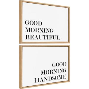 imageKate and Laurel Sylvie Good Morning Beautiful and Good Morning Handsome Framed Canvas Wall Art Set by Maggie Price of Hunt and Gather Goods 2 Piece Set 18x24 Natural Quote Words Art Set