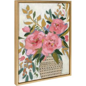 imageKate and Laurel Sylvie Three Pink Peonies Framed Canvas Wall Art by Mackenzie Nelson 18x24 Bright Gold Colorful Flower Art for Wall