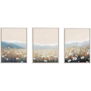 imageKate and Laurel Sylvie Traditional Painterly Summer Meadows Framed Canvas Wall Art Set by The Creative Bunch Studio 3 Piece Set Beaded White Soft Prairie Flowers Art for Wall