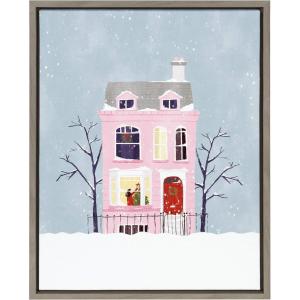 imageKate and Laurel Sylvie Christmas Pink House Framed Canvas Wall Art by Maja Tomljanovic 18x24 Gray Holiday Inspired Art