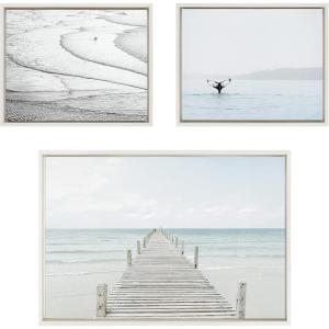 imageKate and Laurel Sylvie Ocean Beach San Francisco Whale Tail in the Mist and Wooden Pier on The Beach Framed Canvas Wall Art Set by Various Artists Set of 3 16x20 and 23x33 White Coastal Art Set