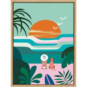 imageKate and Laurel Sylvie Sun Flock Framed Canvas Wall Art by Rachel Lee of My Dream Wall 18x24 Natural Colorful Ocean and Dog Sunset ArtNatural