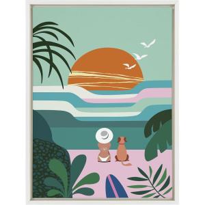 imageKate and Laurel Sylvie Sun Flock Framed Canvas Wall Art by Rachel Lee of My Dream Wall 18x24 Natural Colorful Ocean and Dog Sunset ArtWhite