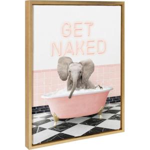 imageKate and Laurel Sylvie Baby Elephant No 3 in Get Naked Bath Framed Canvas Wall Art 18x24 Bright Gold Cute Animal Bathtub Art for Wall