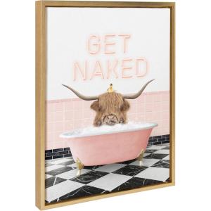 imageKate and Laurel Sylvie Highland Cow Randal Neon Sign Bath Framed Canvas Wall Art 18x24 Bright Gold Cute Animal Bathtub Art for Wall