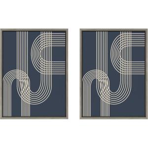 imageKate and Laurel Sylvie Lines in Blue Framed Canvas Wall Art by Apricot and Birch 28x38 Walnut Brown Chic MidCentury Art for WallGrey