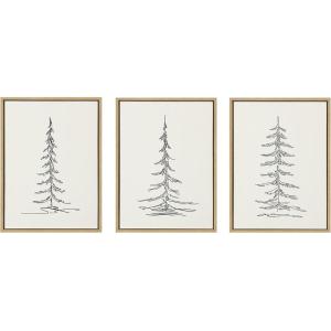 imageKate and Laurel Sylvie Minimalist Evergreen Trees Framed Linen Canvas Wall Art Set by The Creative Bunch Studio 3 Piece 18x24 Natural Decorative Modern Nature Art for Wall