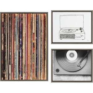imageKate and Laurel Sylvie Records 33RPM Victrola Record Player and Vinyl Vibes Framed Canvas Wall Art Set by Various Artists Set of 3 two 16x20 and one 23x33 Gray Frames Bohemian Vinyl Record Art