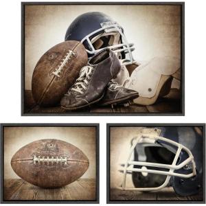 imageKate and Laurel Sylvie Vintage Football Vintage Football Gear and Vintage Football Helmet Framed Canvas Wall Art Set by Saint and Sailor Studios 3 Piece Set Gray Retro Football Art for Wall