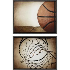 imageKate and Laurel Sylvie Vintage Half Basketball and Vintage Basketball Net Framed Canvas Wall Art Set by Saint and Sailor Studios 2 Piece 18x24 Dark Gray Retro Sports Art for Wall