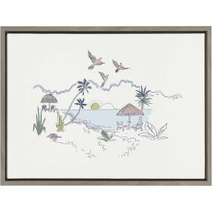 imageKate and Laurel Sylvie Tropical Beach Scene Framed Canvas Wall Art by The Creative Bunch Studio 18x24 Gray Coastal Beach Illustration for Wall