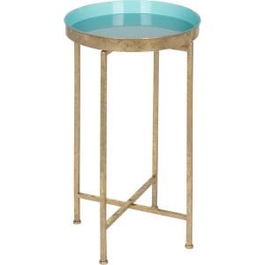 imageKate and Laurel Celia Round Metal Foldable Tray Accent Table Teal with Gold BaseGoldLight Teal