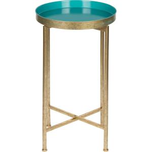 imageKate and Laurel Celia Round Metal Foldable Tray Accent Table Teal with Gold BaseGoldTeal