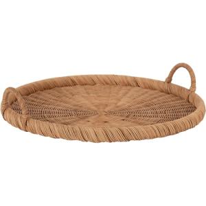 imageKate and Laurel Cormont Modern Round Woven Rattan Tray with Handles 23 Inch Diameter Natural Rattan Decorative Circle Boho Tray for Use as Versatile Ottoman Tray or Serving PlatterNatural